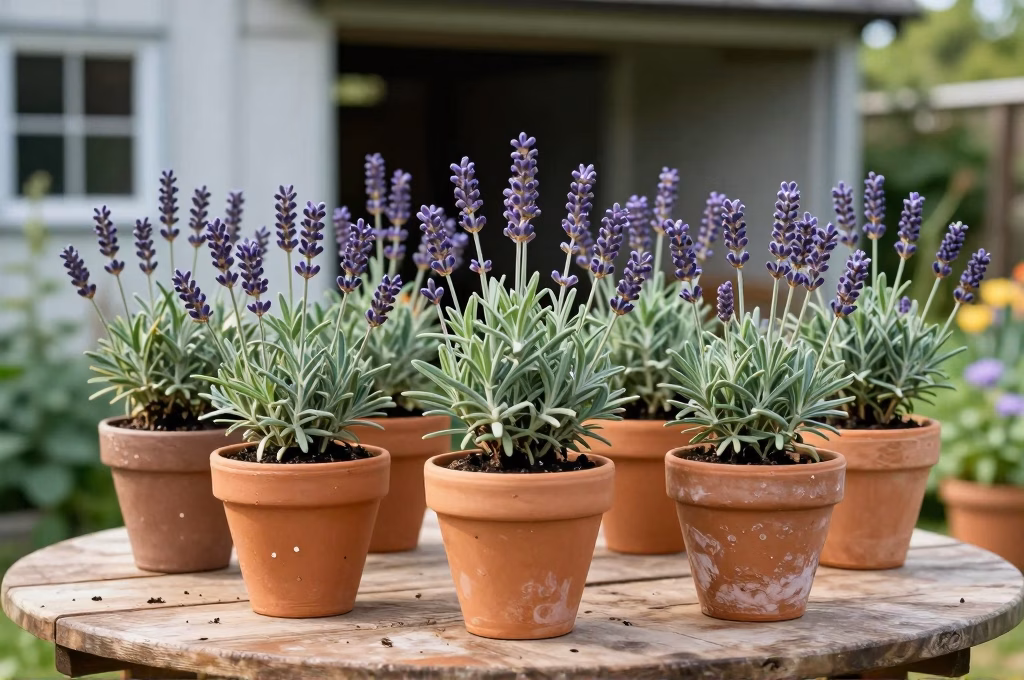 Plusieurs boutures de lavande en godets de terre cuite sur une table de jardin