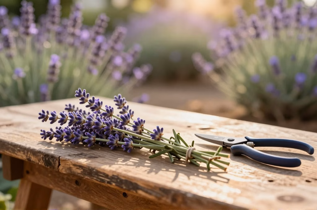 Tiges de lavande fraichement coupees sur un etabli de jardin en bois avec secateur