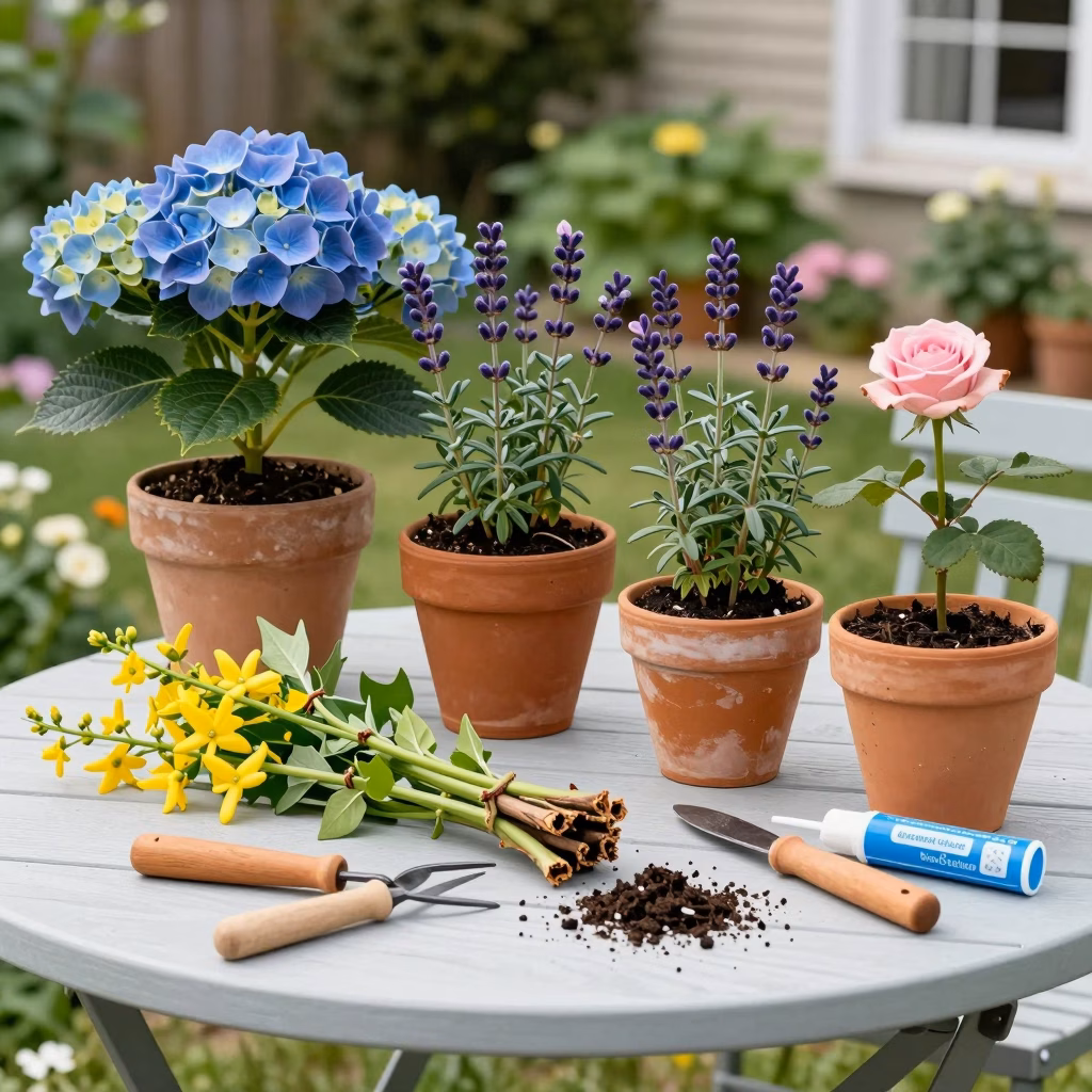 Collection de plantes de jardin prêtes à bouturer avec pots en terre cuite, substrat et outils de jardinage