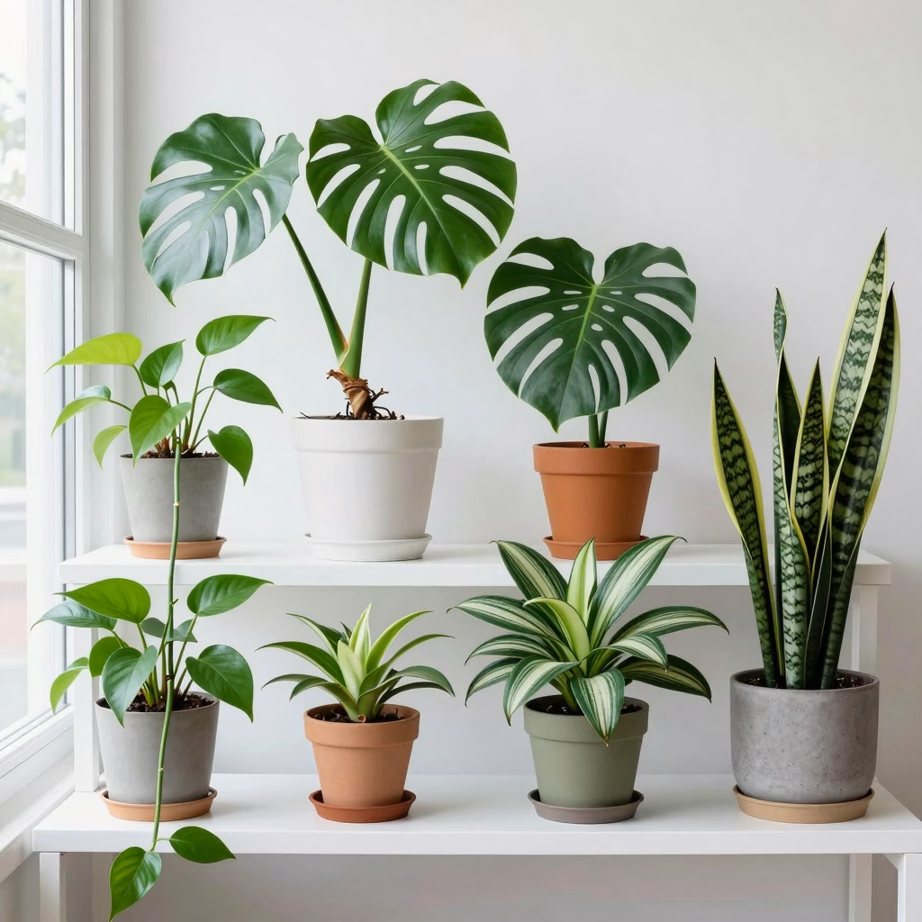 Collection de plantes d'interieur pretes a etre bouturees : monstera, pothos, ficus, begonia et succulentes