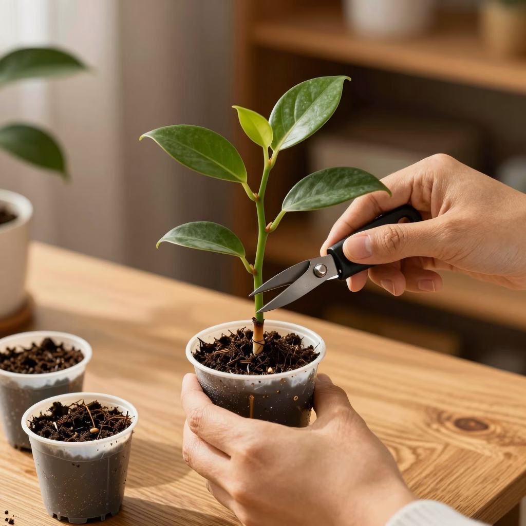 Tutoriel bouturage : mains coupant une tige de plante d'intérieur au niveau du noeud avec pots de terre prêts