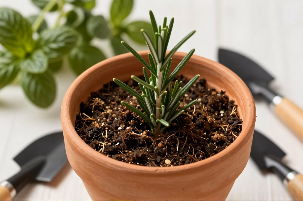 Plantation d'une bouture de romarin en pot terre cuite avec substrat drainant