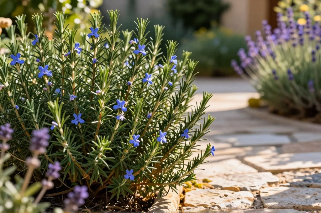 Plant de romarin mature en fleurs dans jardin méditerranéen