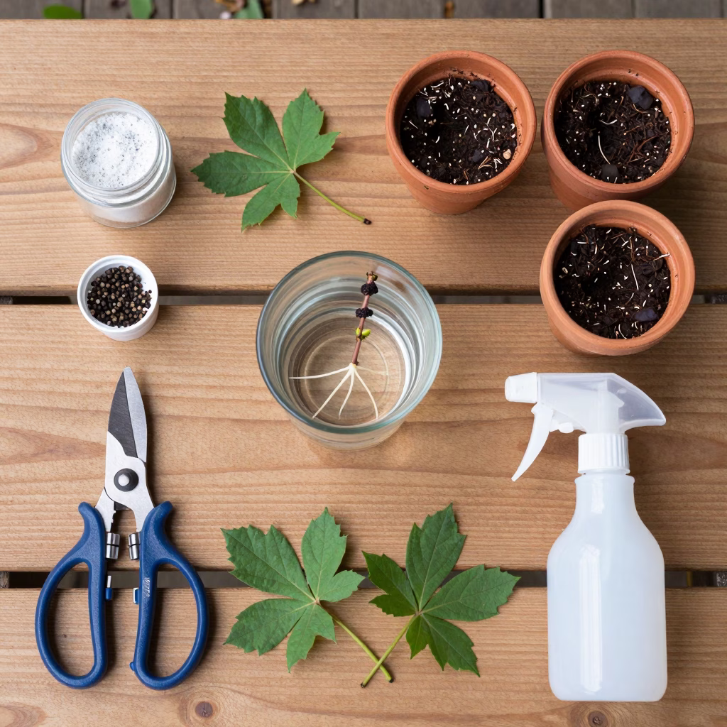 Matériel nécessaire pour bouturer un rosier disposé sur une table de jardin