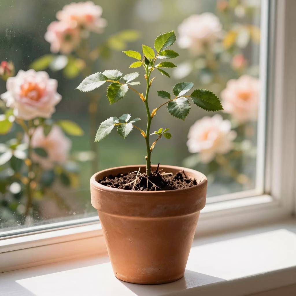 Jeune rosier issu de bouture avec des pousses vertes vigoureuses dans un pot en terre cuite