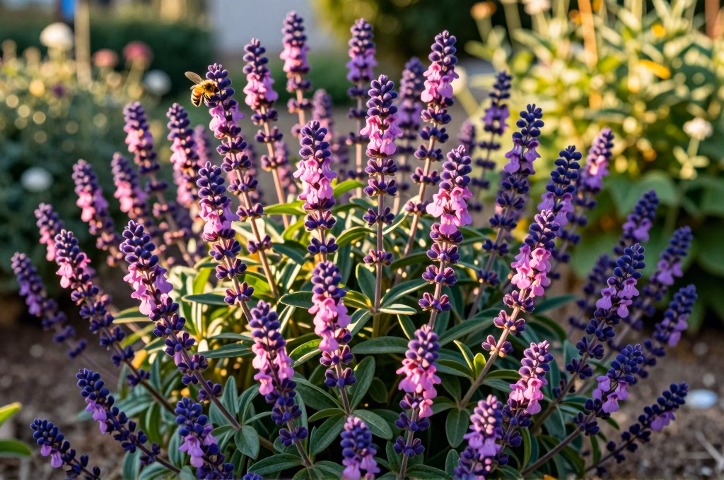 Sauge arbustive Salvia microphylla en pleine floraison avec des fleurs roses et violettes dans un jardin mediterraneen