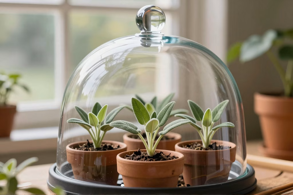 Boutures de sauge arbustive plantees dans des godets en terre cuite sous une cloche de verre transparente