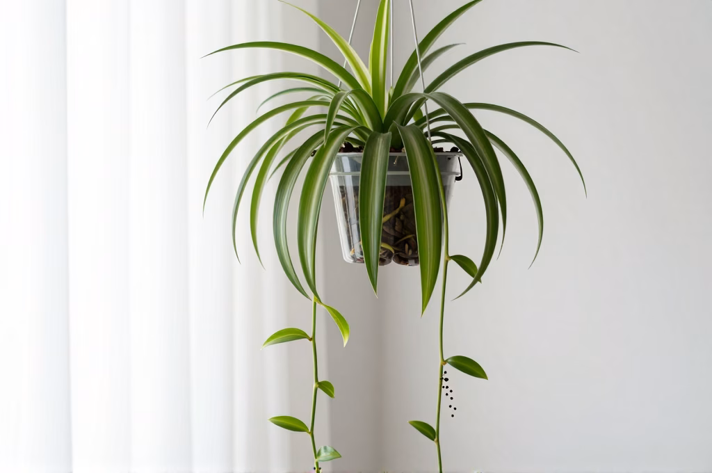 Chlorophytum en suspension avec stolons retombants et plantules aériennes