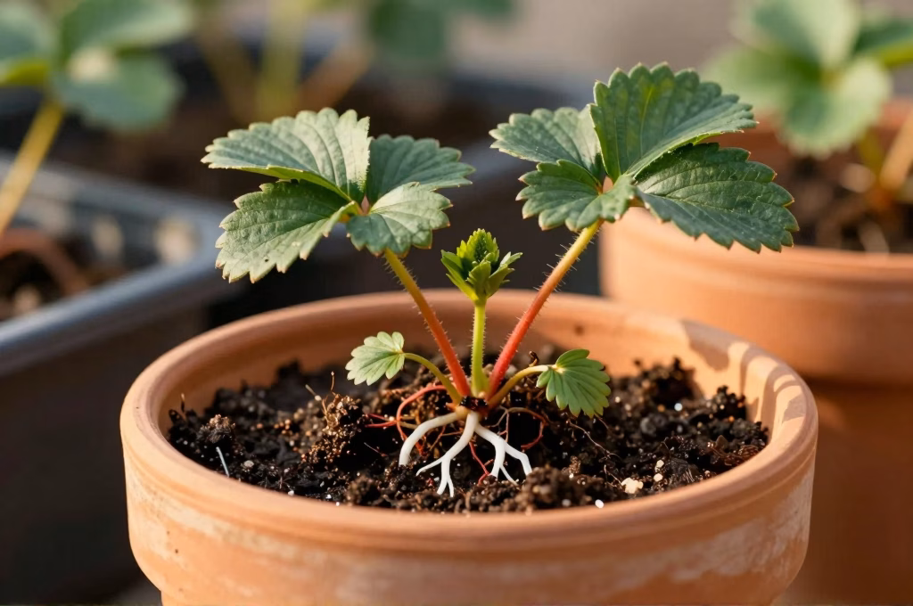 Plantule de fraisier en cours d'enracinement dans un godet avec racines blanches visibles