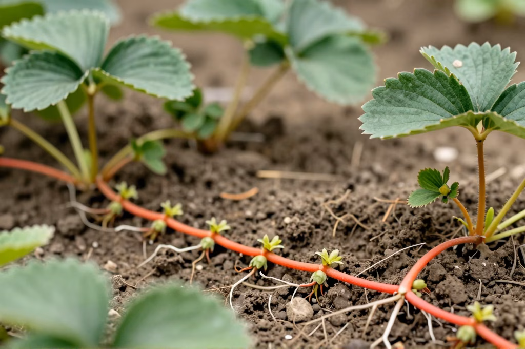 Stolons de fraisier rampant sur le sol du potager avec plantules en formation