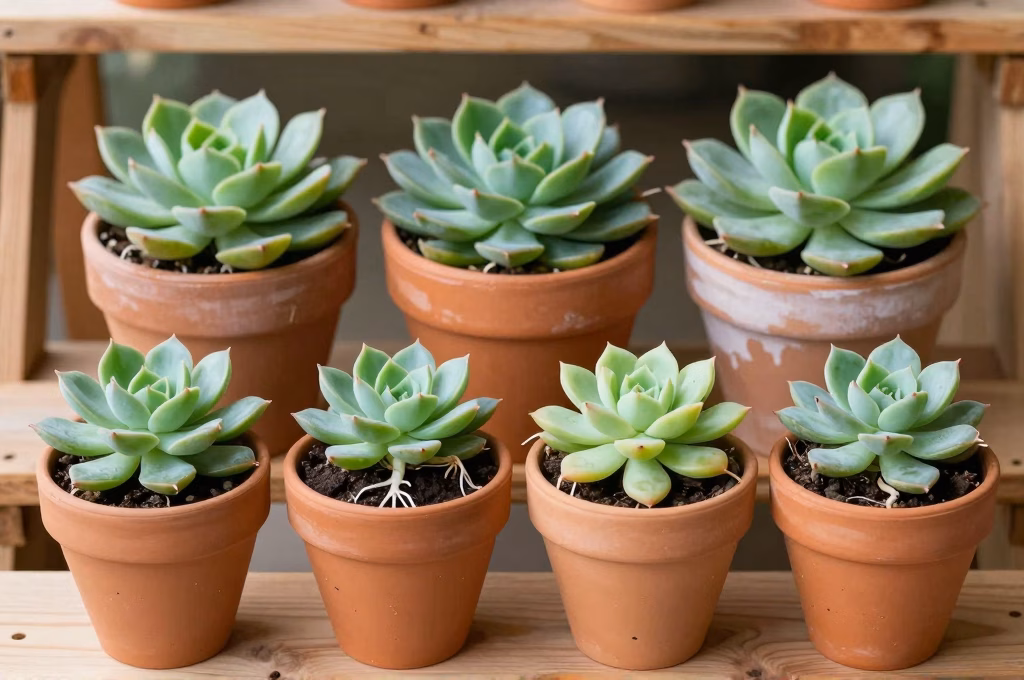Collection de jeunes succulentes enracinées en pots de terracotta sur étagère rustique après bouturage réussi