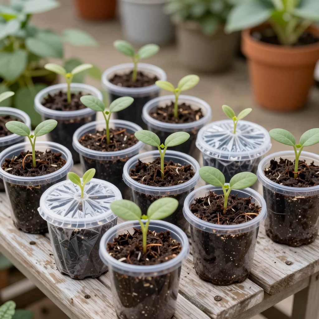 Plusieurs petits pots de boutures en terre recouvertes de plastique transparent pour maintenir l'humidité
