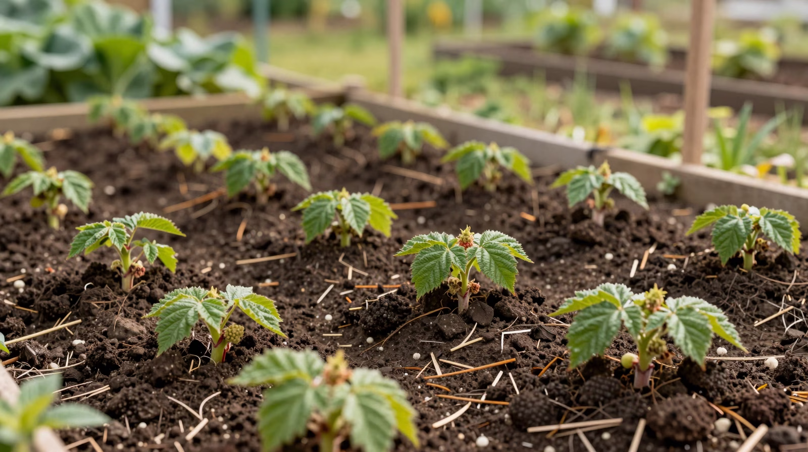Rangée de jeunes framboisiers nouvellement plantés avec paillage