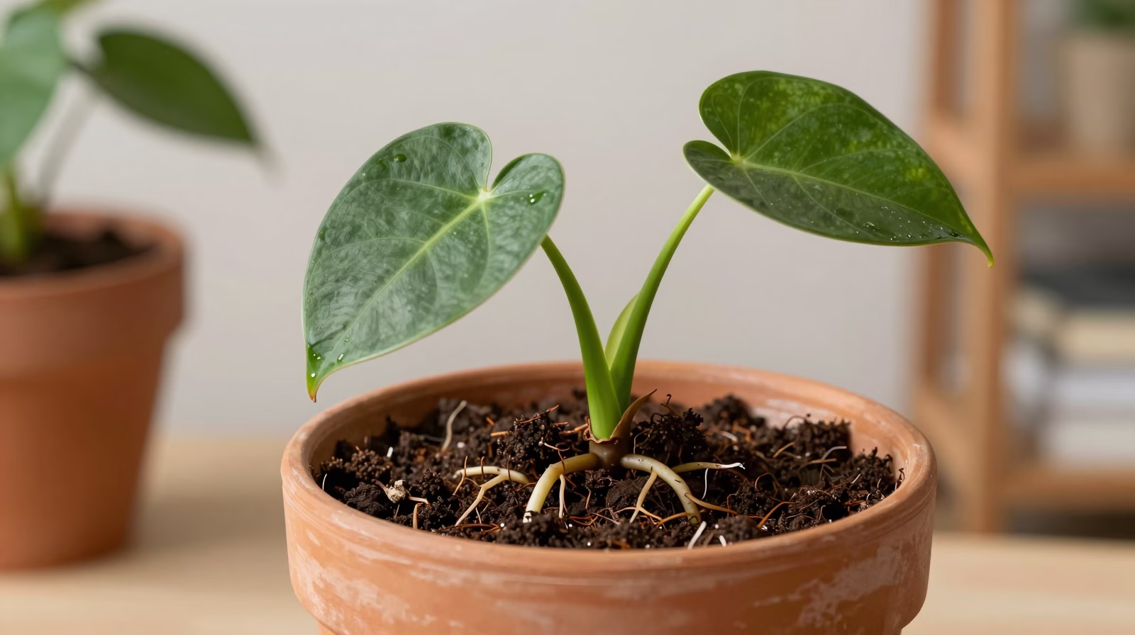 Jeune philodendron dans un pot en terre cuite après bouturage réussi
