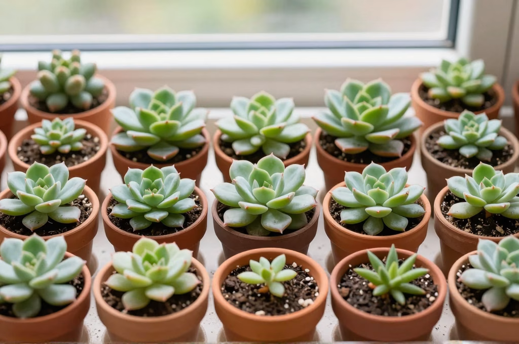 Jeunes succulentes enracinees dans des pots individuels en terre cuite apres bouturage reussi