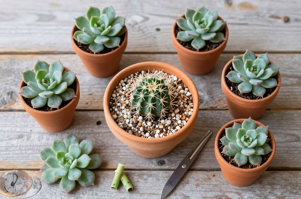 Materiel de bouturage pour plantes grasses avec pots en terre cuite, substrat et outils de coupe