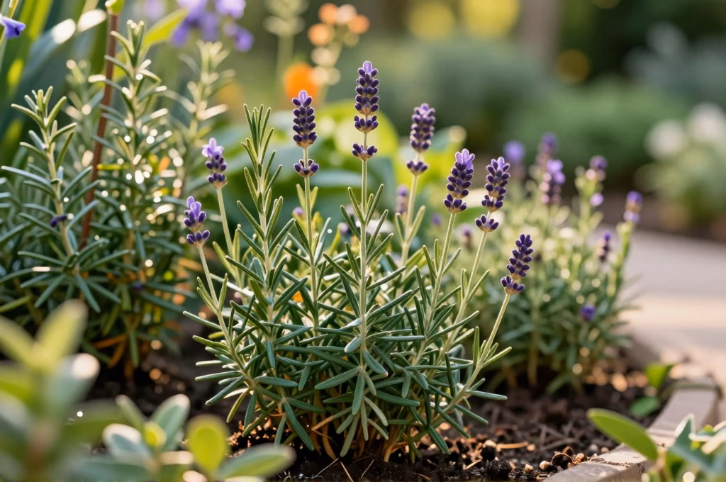 Jardin d'ete avec tiges de lavande et romarin pretes pour le bouturage semi-ligneux en lumiere doree
