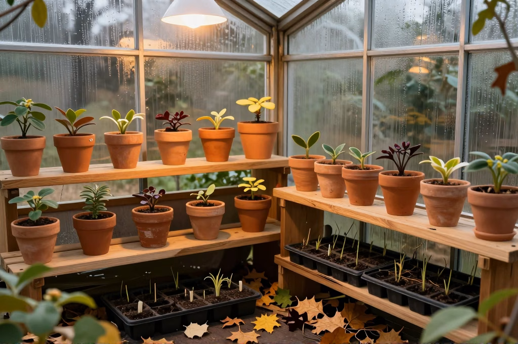 Serre d'automne avec boutures ligneuses en pots de terre cuite sur etageres en bois, lumiere ambre