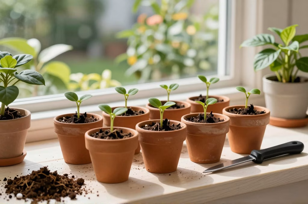 Espace de bouturage organise avec boutures enracinees dans des pots en terre cuite et couteau de bouturage