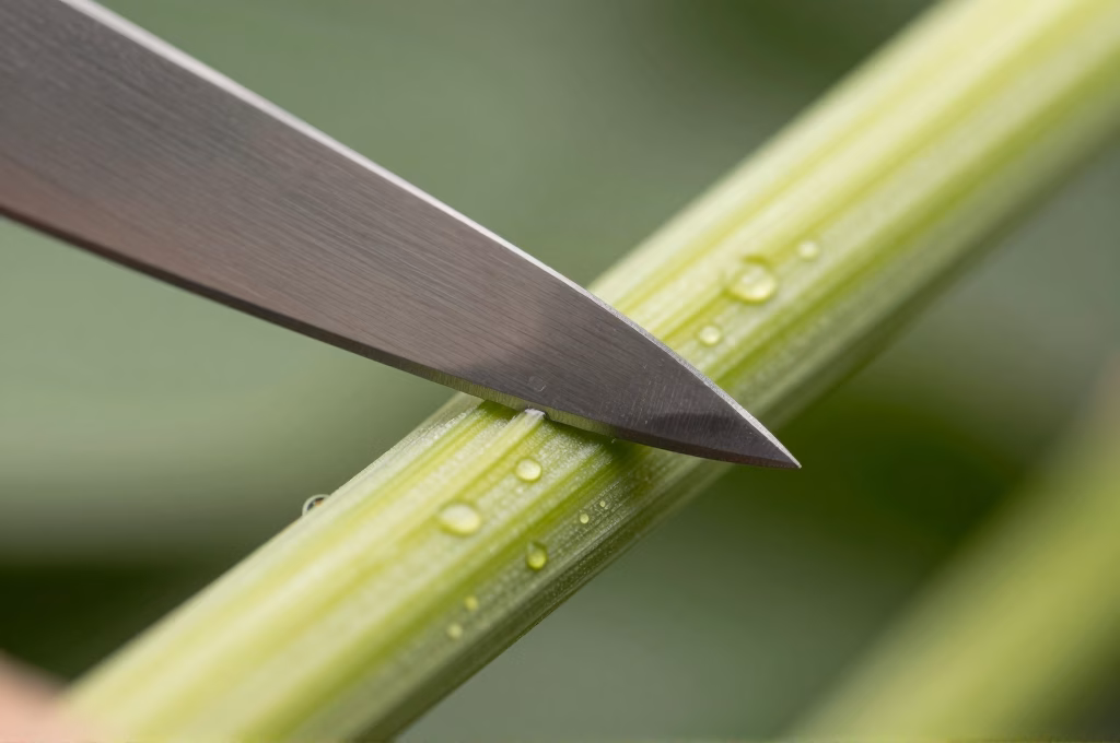 Coupe en biseau a 45 degres realisee au couteau de bouturage sur une tige vegetale fraiche
