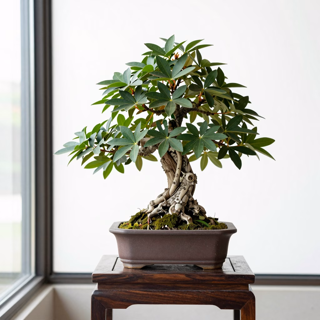 Bonsaï d'intérieur bien entretenu sur un rebord de fenêtre lumineux