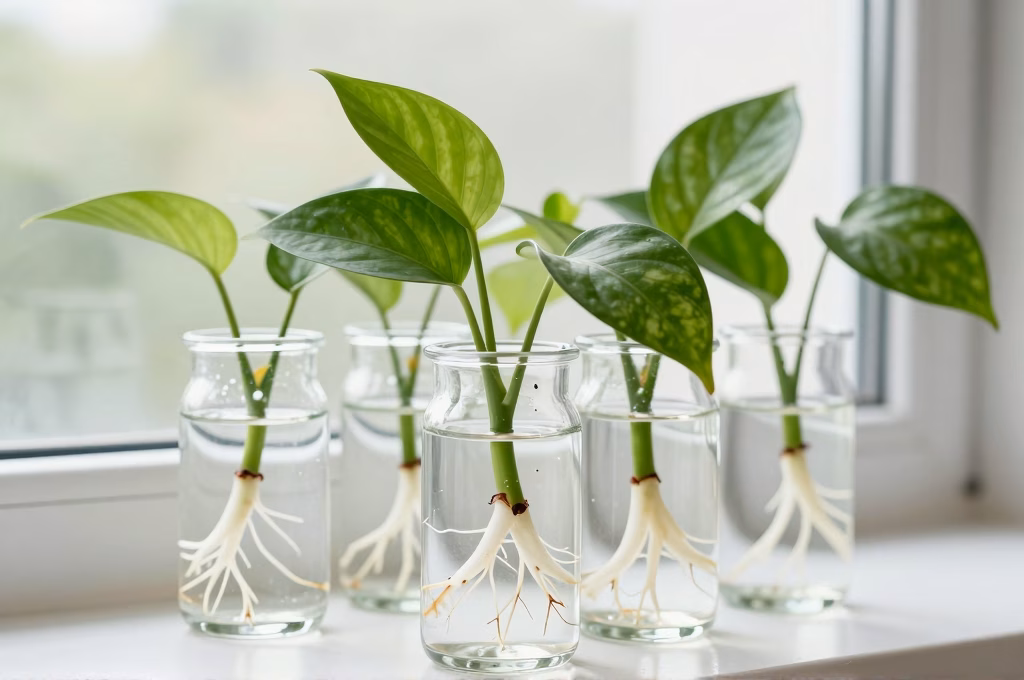 Boutures de pothos et philodendron développant des racines blanches dans des bocaux en verre sur un rebord de fenêtre