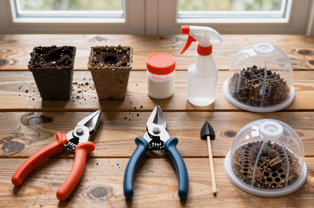 Outils de bouturage sur table en bois : sécateur, pots avec perlite, hormone de bouturage et pulvérisateur