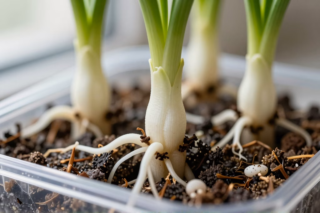 Racines blanches emergent d'une bouture dans un substrat de perlite et tourbe humide