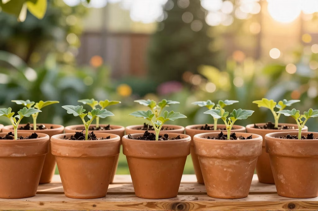 Jeunes plants issus de boutures reussies dans des pots en terre cuite alignes sur une etagere