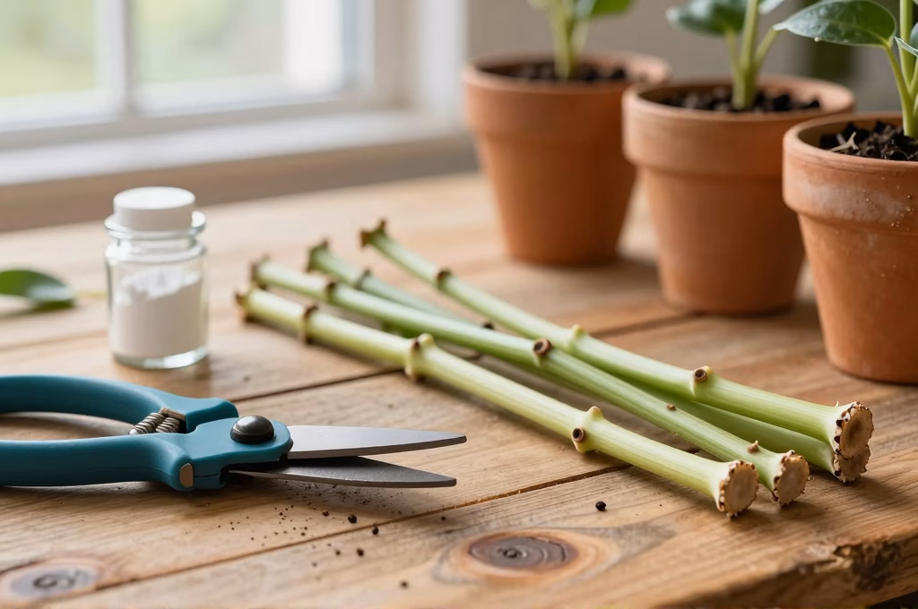 Outils de bouturage sur plan de travail : secateur, hormone, boutures fraiches et substrat perlite