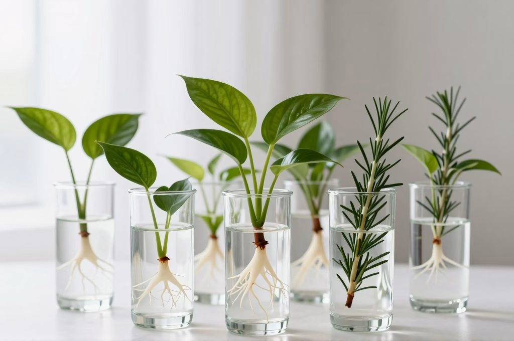 Boutures a differents stades d'enracinement dans des vases en verre avec racines adventives visibles