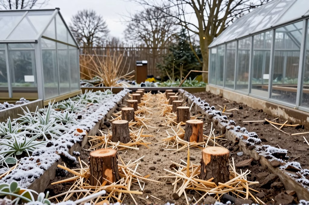 Boutures ligneuses plantees en tranchee dans un sol sableux avec paillage de protection hivernale
