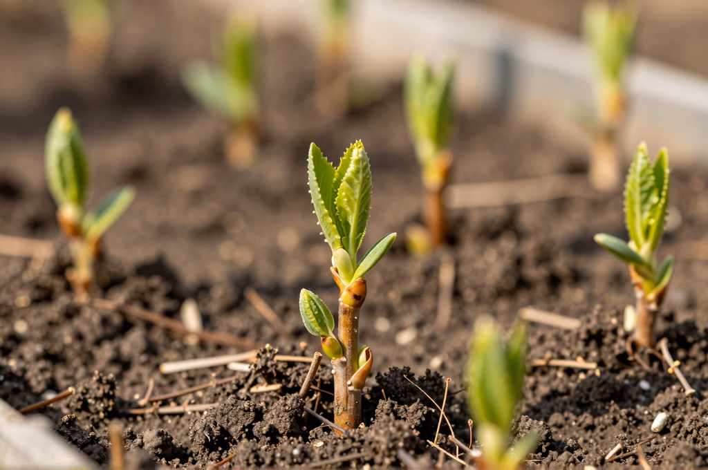 Jeunes pousses vertes emergent de boutures ligneuses au printemps avec bourgeons en developpement