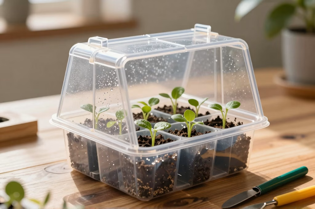 Mini-serre de bouturage ouverte pour ventilation avec boutures et gouttelettes de condensation