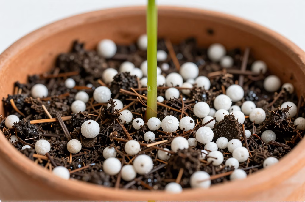 Substrat de bouturage tourbe et perlite humide avec une bouture inseree montrant le bon drainage