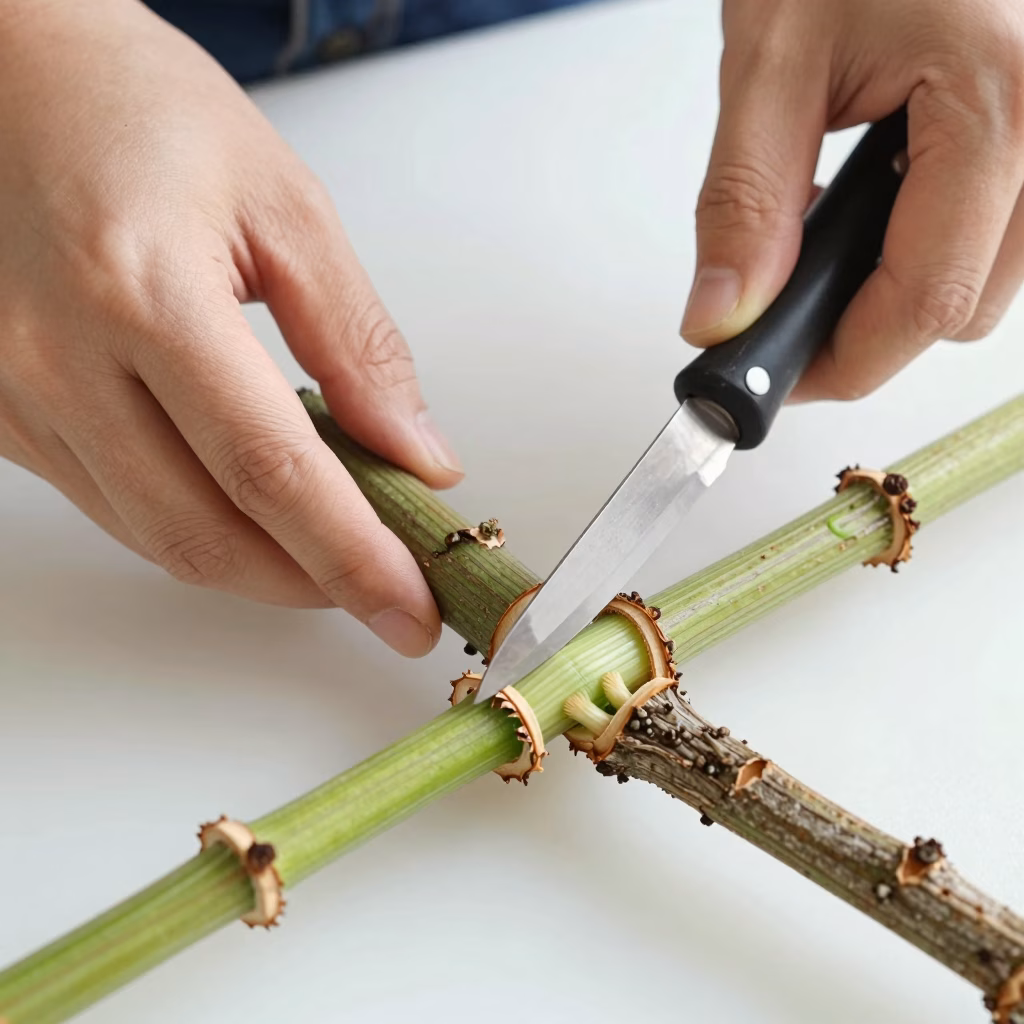 Gros plan sur la technique d'incision annulaire effectuée à la main avec un couteau de jardinage