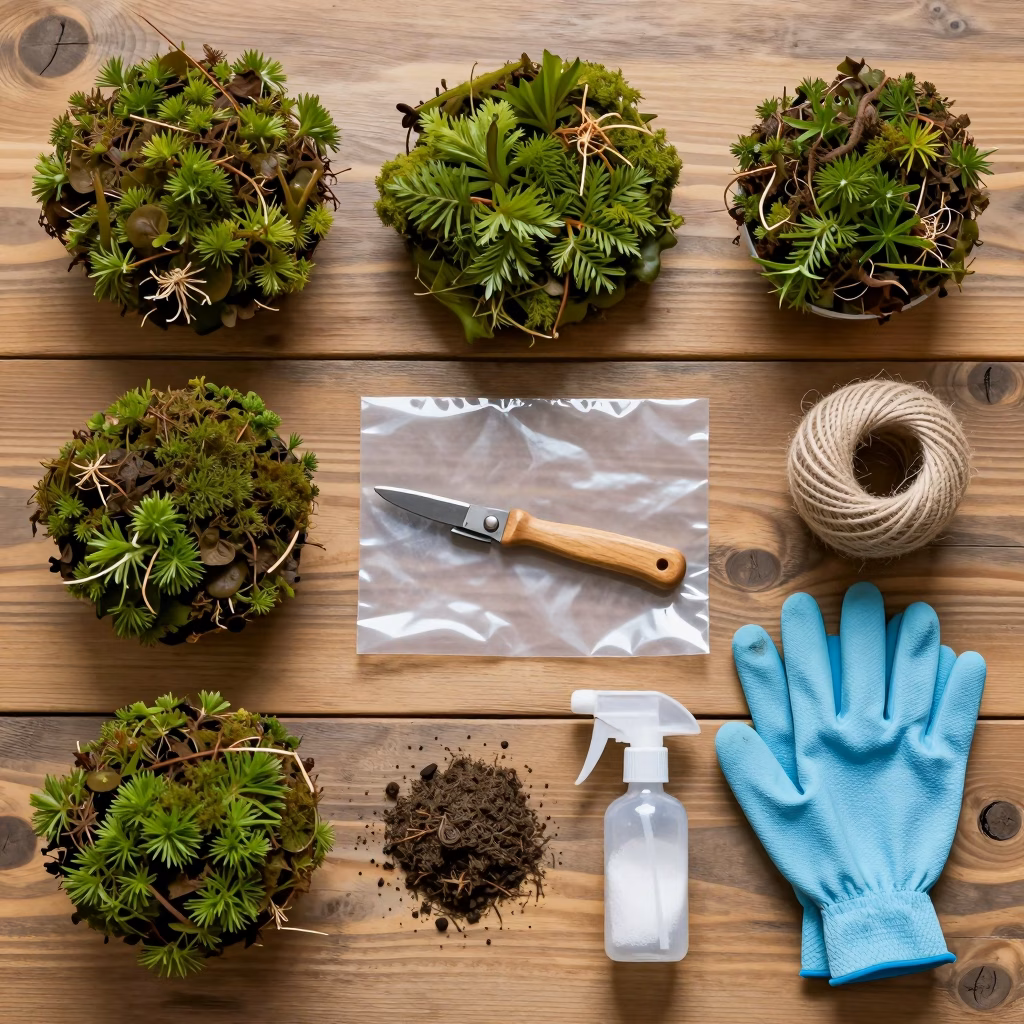 Tous les outils et matériaux nécessaires au marcottage disposés sur une table de jardin