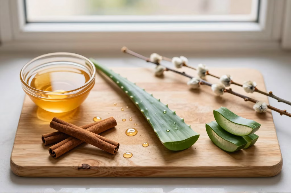 Ingredients naturels pour hormones de bouturage maison : miel, cannelle, aloe vera et branches de saule