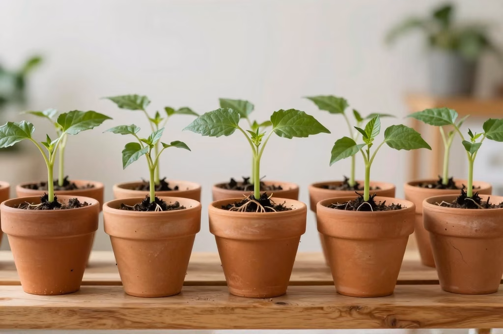 Jeunes boutures enracinees dans des petits pots en terre cuite avec nouvelles pousses vertes vigoureuses