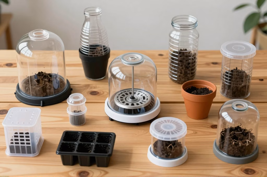 Comparatif de differents types de mini-serres de bouturage sur table en bois