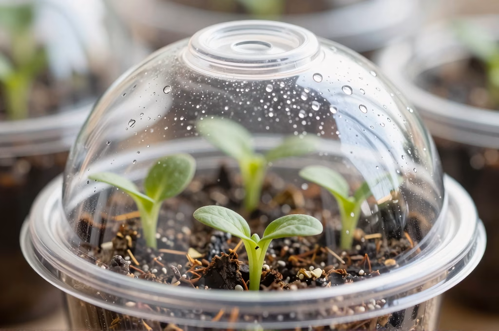 Mini-serre de bouturage transparente avec boutures vertes et condensation sur le dome