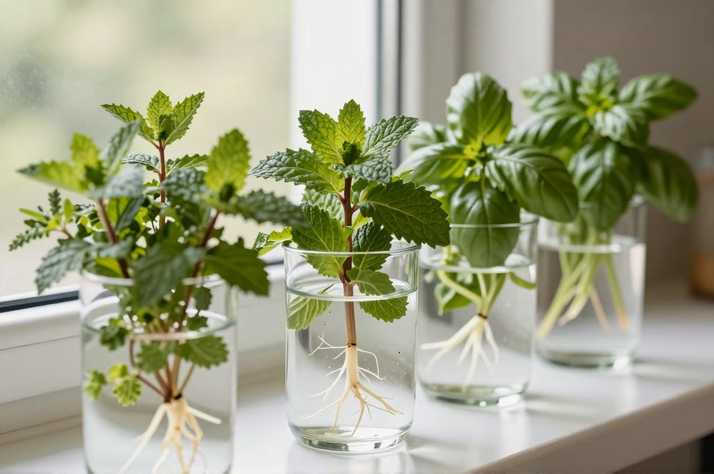 Boutures de menthe et basilic dans des verres d'eau avec racines blanches sur rebord de fenêtre