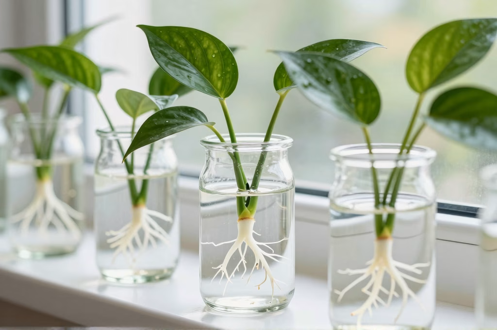 Boutures de pothos dans des verres d'eau avec racines blanches visibles sur un rebord de fenêtre lumineux
