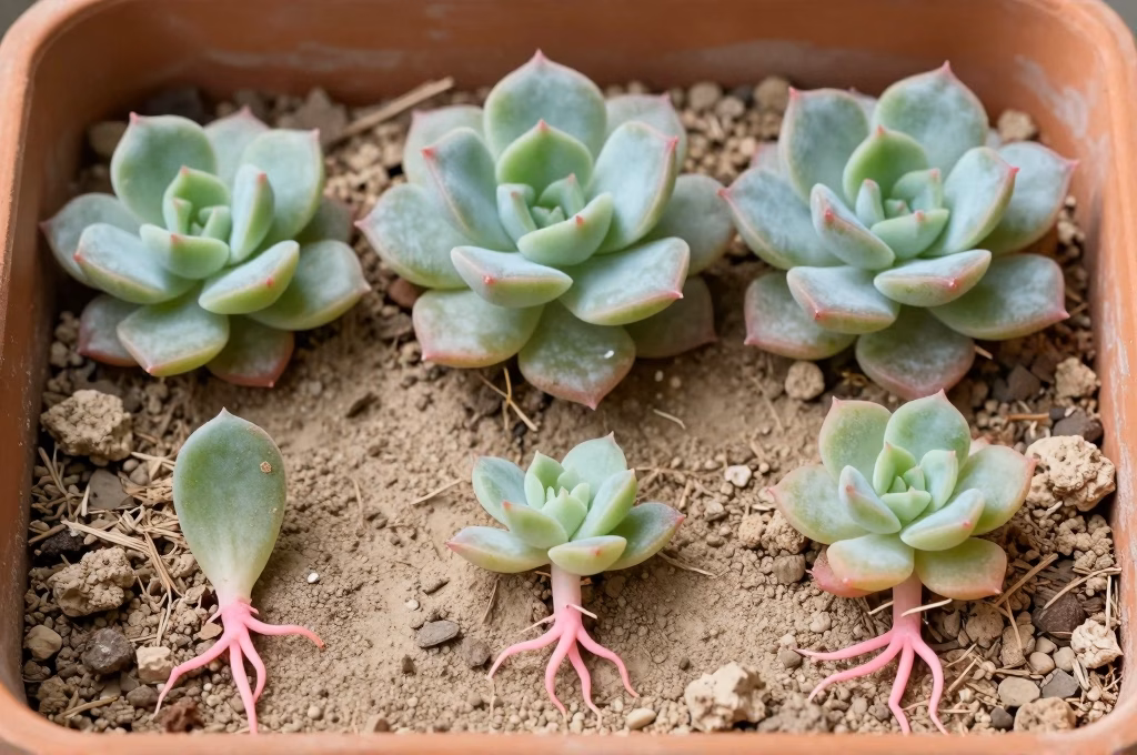 Propagation de feuilles de succulentes avec petites racines roses et mini-rosettes sur terreau sec