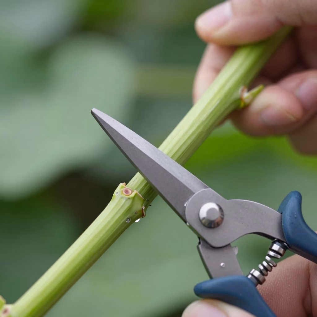 Coupe en biseau precise d'une tige de bouture avec un secateur bien affute