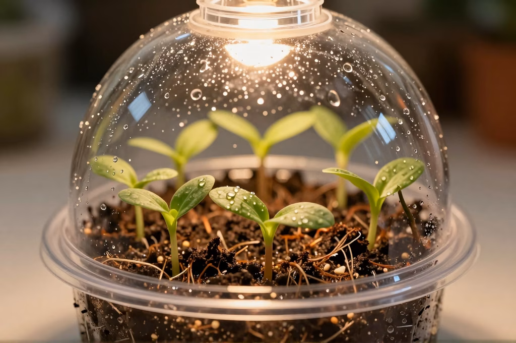 Mini-serre transparente avec boutures en cours d'enracinement dans un substrat humide