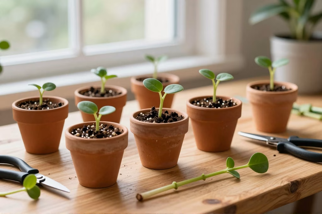 Boutures de plantes fraichement coupees sur un plan de travail avec pots et secateur