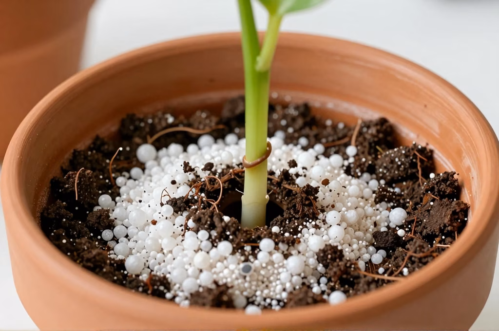 Bouture inseree dans un pot en terre cuite rempli de substrat drainant avec perlite visible