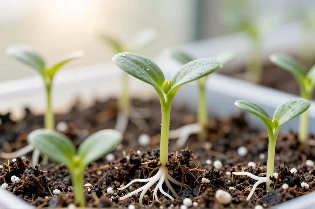 Boutures enracinees avec racines blanches saines dans un substrat perlite-vermiculite en serre lumineuse