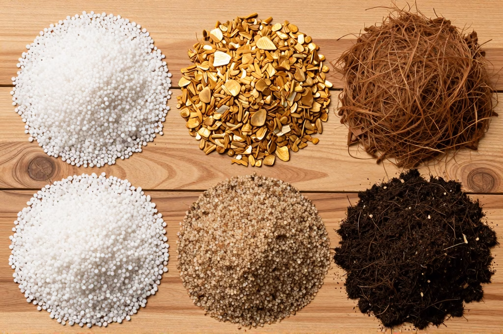 Vue de dessus des substrats de bouturage : perlite, vermiculite, fibre de coco et sable de riviere sur table en bois